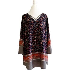 Love Richie Dress Tunic Navy Orange Mixed Floral Print Wide Sleeve Plus Size 1X